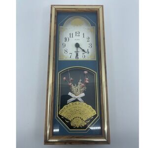 Vtg Elgin Quartz Wall Clock Wood Brass Trim 80s 90s Fan Flowers USA works read